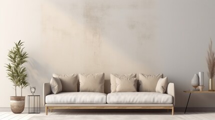 interior design of modern living room with beige fabric sofa and cushions. White wall with frame and space for text, living, furniture