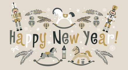 Happy New Year Nutcrackers Vector banner on Light Background. Postcard. Childish rocking horses. Christmas illustration. - 687555622