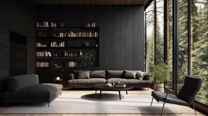 Generative AI: Scandinavian Minimalism: Elegant Black Matte and Wood Interior, Bright Spaces with Modern Aesthetics, Cozy Furnishings, and Serene Ambiance