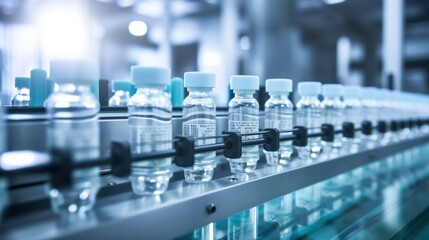 Obraz premium Medical vials on production line at pharmaceutical factory, Pharmaceutical machine working pharmaceutical glass bottles production line, health care, pandemic.