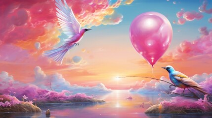 a surreal dreamscape where balloons float in a cotton candy sky, and a mythical, colorful bird with iridescent feathers takes flight among them.