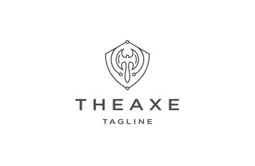 Axe shield with line art style logo design template