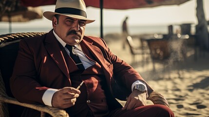 Generative AI image of  Italian mafia boss with cigar at the beach drinking - obrazy, fototapety, plakaty
