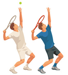 Two figures of a standing tennis player on the court in a casual and classic white uniform serving the ball during a set