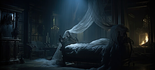 Haunted rococo style bedroom with moody lighting banner 