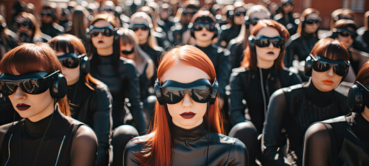 Fototapeta na wymiar Heterogenous group of people with black with black sunglasses and earphones 