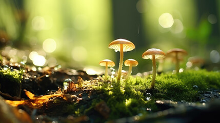 Some beautiful mushrooms growing on the ground in the forest - Powered by Adobe