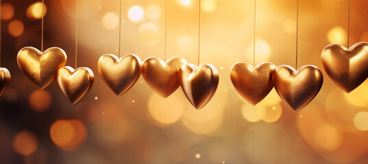 Golden hanging hearts on string with gold defocused bokeh lights in the background. Festive christmas xmas advent valentine celebration concept greeting card. 