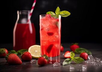 A sparkling strawberry basil lemonade, presented in a tall, slender glass, centered on a dark marble countertop.