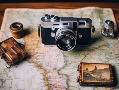 A vintage camera placed on a map, travel theme