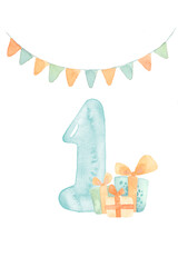 Watercolor number one with celebration decor. hand-drawn illustration for baby shower, bithday, milestone. Blue themed party for baby boy.