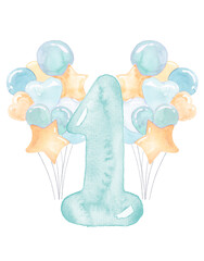 Watercolor number one with celebration decor. hand-drawn illustration for baby shower, birthday, milestone. Blue themed party for baby boy.
