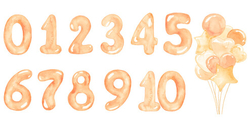 Gold balloon number set for birthday celebration party, nursery or milestones. Hand-drawn watercolor illustration.
