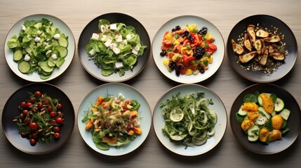 Top view of plates showcasing a vegetarian feast - salad, meal, fresh, healthy, homemade, organic, vegan, and full of vibrant vegetables.