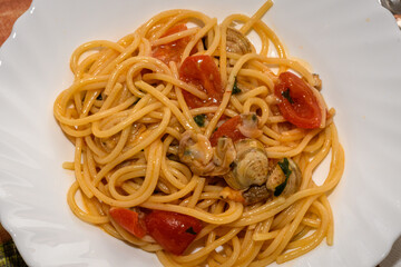 Italian Spaghetti Plate With Clams And Tomatoes