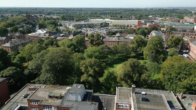 Preston, Lancashire, UK, September 06, 2023; high aspect aerial view over historical Winckley Square and the town cityscape of Preston, Lancashire, England