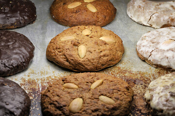 Original Nuremberg Elisen type Lebkuchen (gingerbread) on a vintage baking plate. Nuremberg is a...