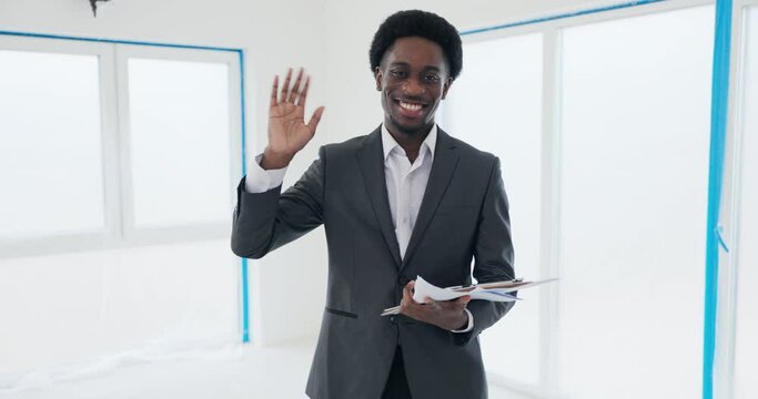 Charismatic African American real estate agent attention contract held firmly in hands agent's poised demeanor of building ready for transformation exciting journey of real estate possibilities.