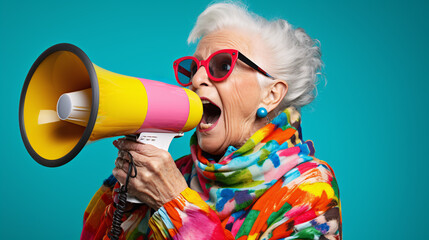 The image of an old person holding a megaphone may show the courage and strength of life to still have an influence on things that happen in society. The participation and communication of the elderly