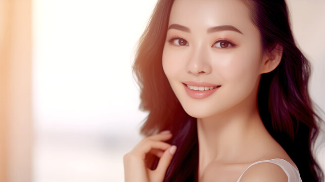 image of happy asian woman with perfect skin, skin care, beauty salon, spa. legal AI