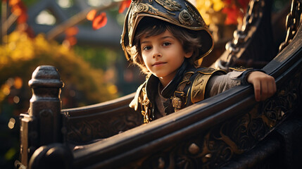 Boy in a Pirate Costume Exploring a Pirate Ship Playground with Excitement and Curiosity. Concept...