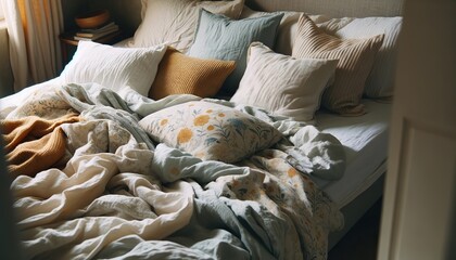 Fototapeta na wymiar morning light caresses an unmade bed, whispering of restful slumber