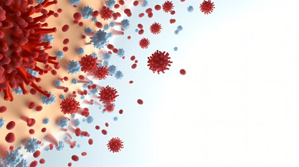 A white background with blue and red coronaviruses and a white background.