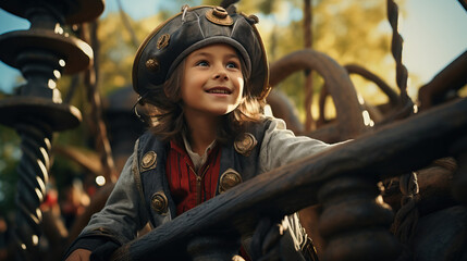 Boy in a Pirate Costume Exploring a Pirate Ship Playground with Excitement and Curiosity. Concept...