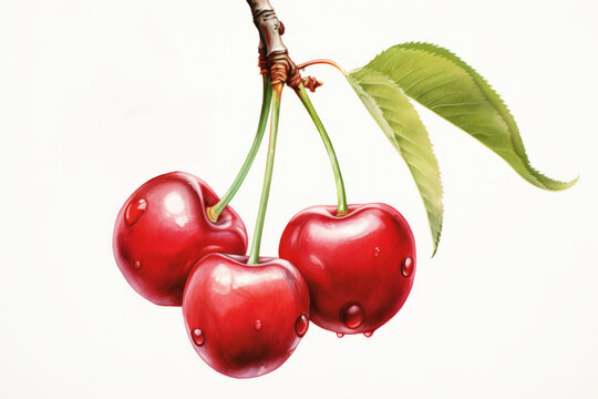 Watercolor illustration of cherry with a leaves isolated on white background. AI generative