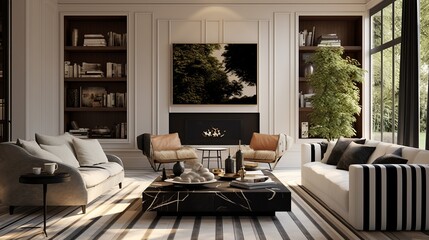 black & white living room with tv stand, in the style of site-specific installations, earthy tones,...