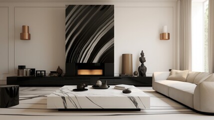black & white living room with tv stand, in the style of site-specific installations, earthy tones, marble, minimalim, copy space, 16:9