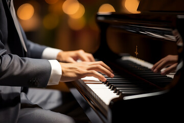 Close up hands of a pianist playing piano