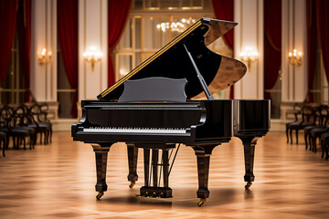Black grand piano in a large hall