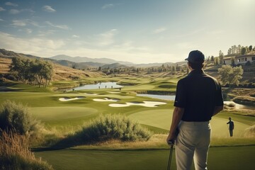 A man playing golf, looking at the golf course starts the game