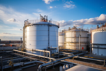 huge reservoirs,with a network of pipelines,equipped for storing oil and gas at a processing plant, the concept of oil and gas refining, economics,energy resources, ecology and sustainable development