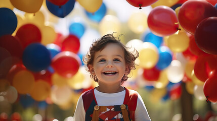 Fototapeta na wymiar Child at the Park with Party Balloons: Happy and Excited for the Celebration. Concept of Childhood Joy, Playful Festivities, and Carefree Moments in a Vibrant Atmosphere.