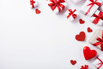 valentine's day banner,with a place for text,hearts and gifts with a red ribbon on a white background,top view,Valentine's day greeting card concept