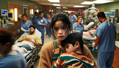 A Hispanic mother holds her sick child in search of a doctor inside an overcrowded and busy emergency room at a hospital - obrazy, fototapety, plakaty