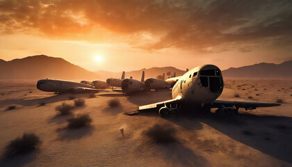 Fototapeta na wymiar Carcasses d'avions abandonnées dans le désert au coucher du soleil