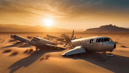 Carcasses d'avions abandonnées dans le désert au coucher du soleil - obrazy, fototapety, plakaty