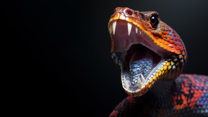 Colourful snake open mouth ready to attack isolated on gray background