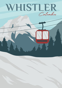 travel ski with cable car in whistler poster vintage vector illustration design. national park in columbia vintage poster