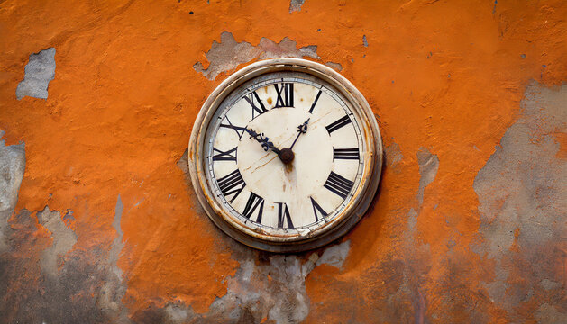 Vielle horloge sur un mur orange très abimé 