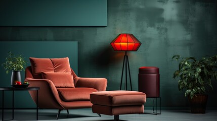 Stylish scandinavian living room with armchair, loft modern home decor style