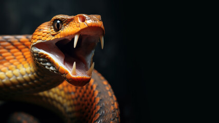 Orange snake open mouth ready to attack isolated on gray background