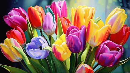 A vibrant bouquet of multi-colored tulips, each bloom standing out against a vivid, harmonious background.