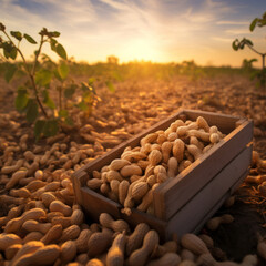 Fototapeta na wymiar Generative AI image of peanuts picked in a wooden box in a field with sunset