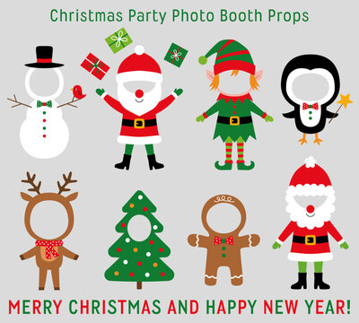 Christmas vector face in hole party props - Santa, Elf, Snowman, Penguin, Gingerbread Cookie