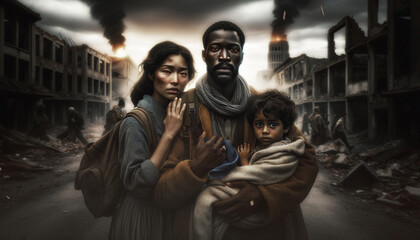 Obraz premium Multicultural family as they escape the ruins of a city devastated by war