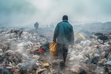 South Asian man collecting plastic in a dirty dump, symbolizing the interplay of poverty, social issues, and ecological challenges